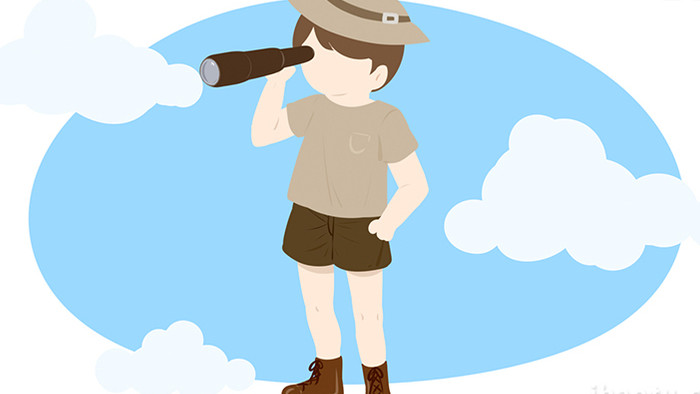 易用卡通mg动画男孩戴帽子拿着望远镜