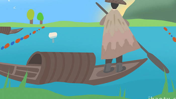 易用卡通mg动画小船上渔夫划船