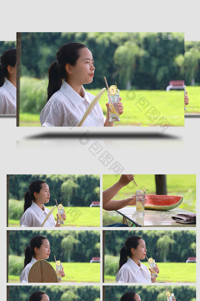 人物形象女孩扇蒲扇喝柠檬水4K视频素材