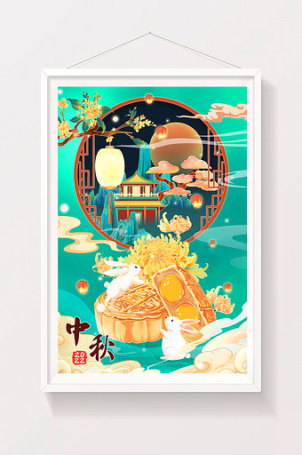 中国风国潮中秋节月饼古风海报插画图片