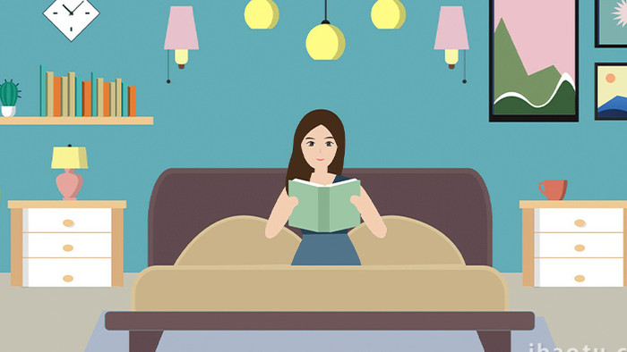 易用卡通mg动画居家女孩靠在床上看书