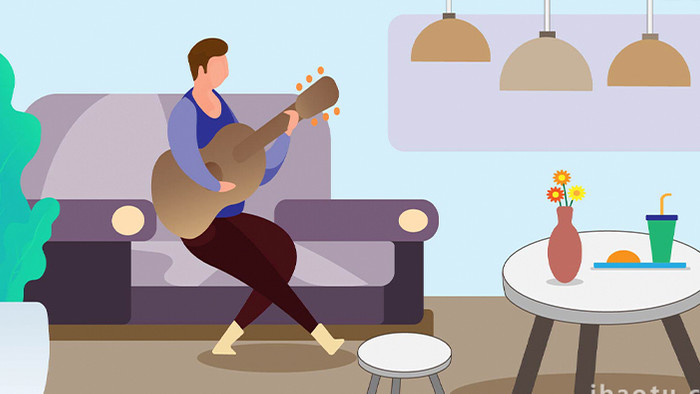 易用卡通mg动画男人靠在沙发弹吉他