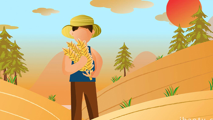 易用卡通mg动画农民抱着麦穗秋收