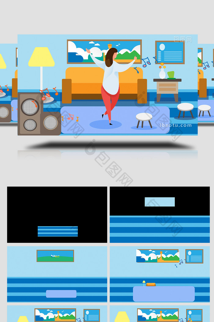 易用卡通mg动画女孩在家听音乐跳舞