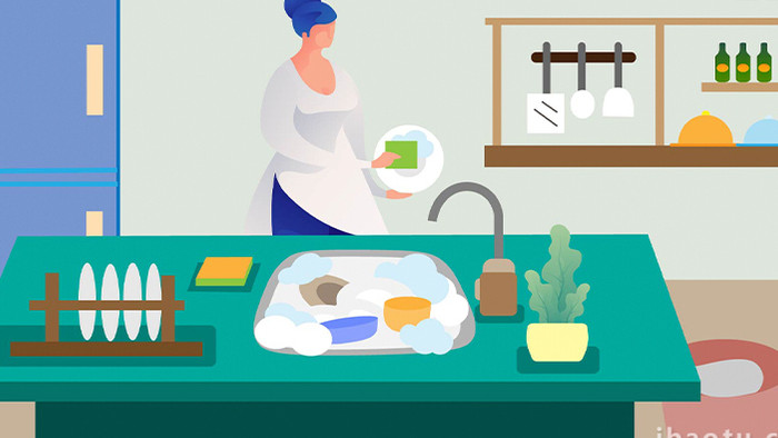 易用卡通mg动画女人在厨房洗碗