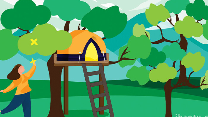 易用卡通mg动画童趣树上房子树屋