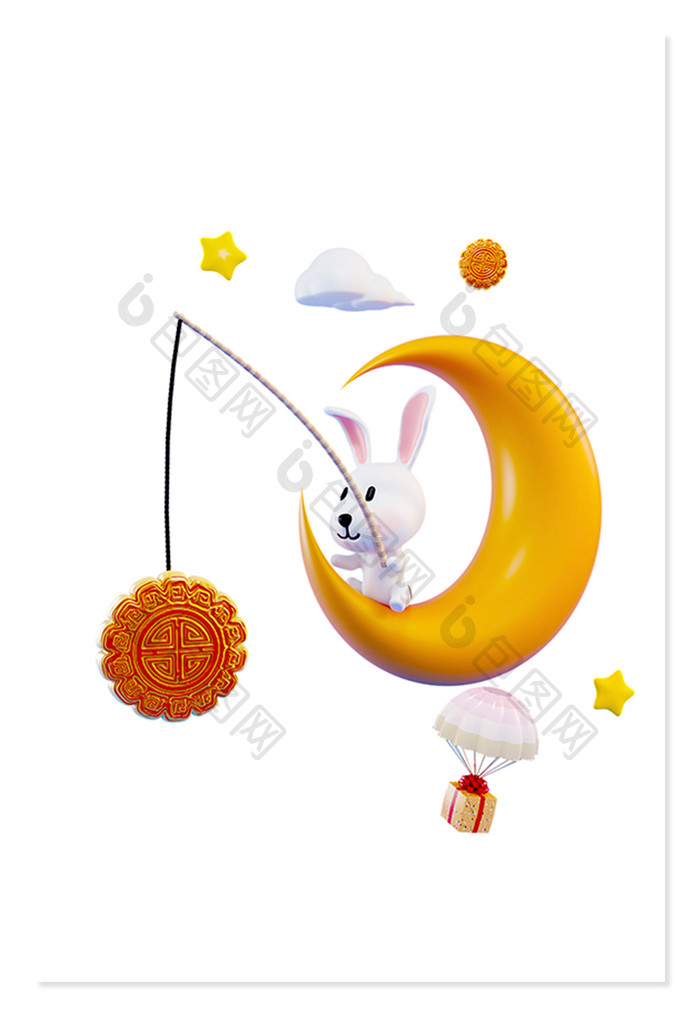 C4D创意卡通中秋玉兔垂钓月饼场景模型