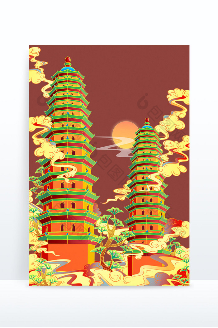 国潮元素城市地标山西双塔寺手绘插画