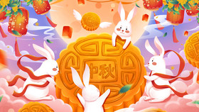 八月十五中秋节吃月饼玉兔插画