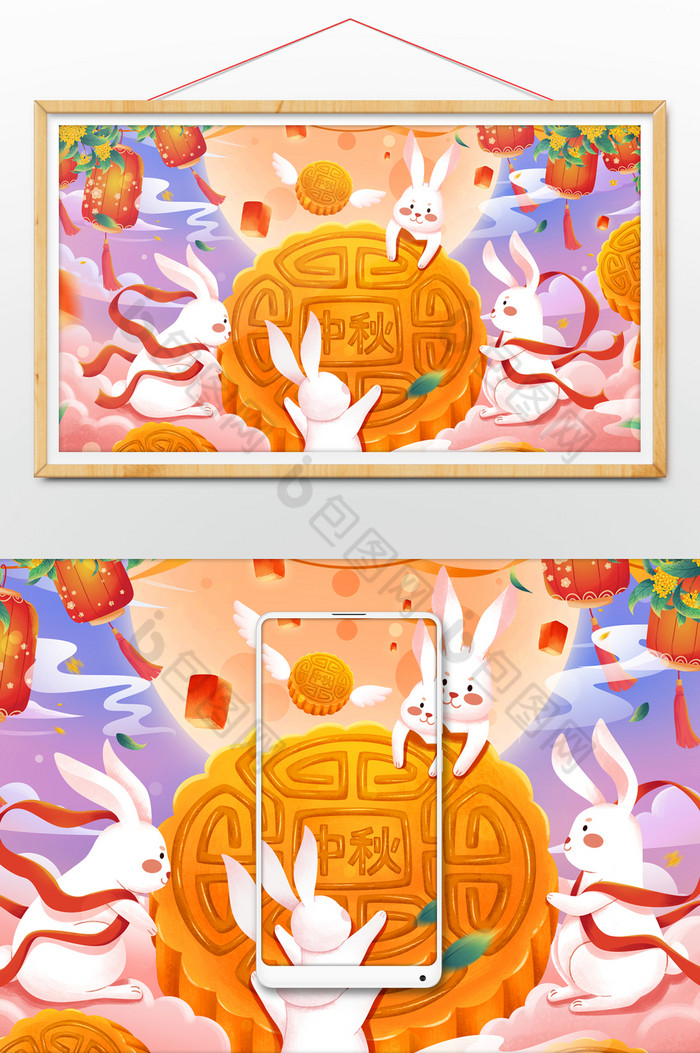 八月十五中秋节吃月饼玉兔插画图片图片