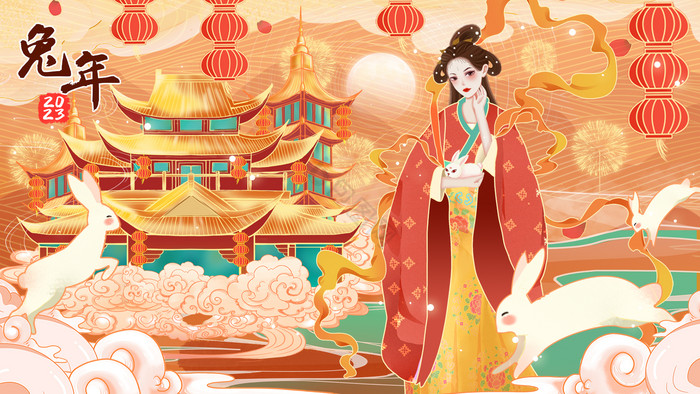 新年兔年中秋节古风美女插画图片