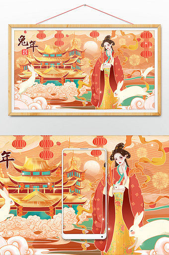 中国风国潮新年兔年中秋节古风美女海报插画图片