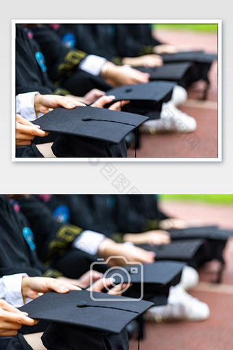 多名大学毕业生拿着学士帽特写图片