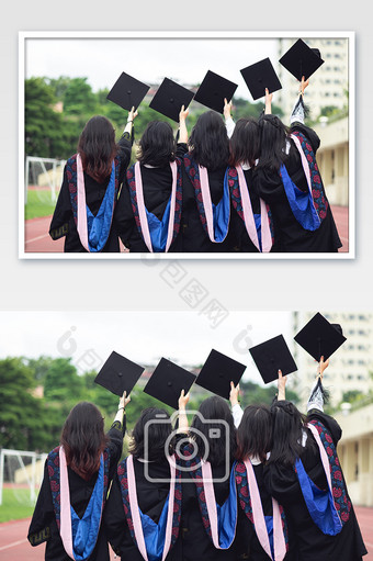 大学生毕业拿着学士帽在操场跑道上图片