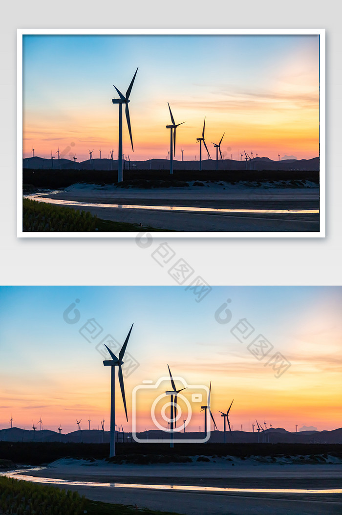 夕阳下福建平潭长江澳风车风力发电新能源图片图片