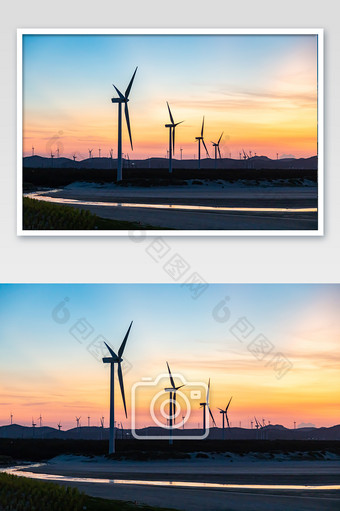 夕阳下福建平潭长江澳风车风力发电新能源图片
