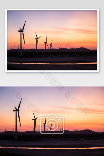 夕阳下的福建平潭长江澳风力发电新能源图片