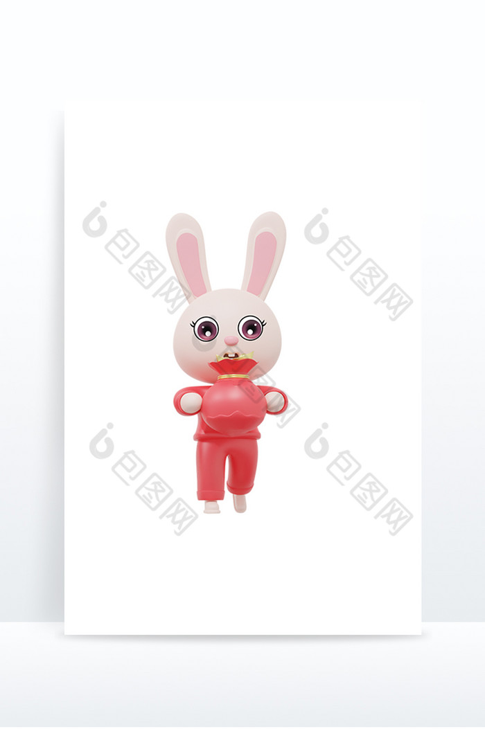 3D新年兔子手拿红色钱袋子图片图片