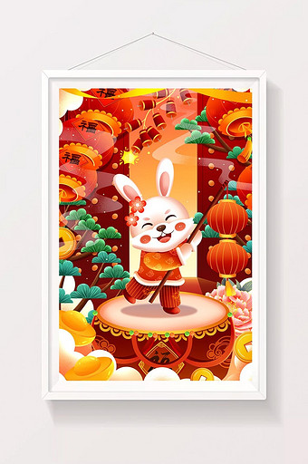 癸卯兔年可爱小兔子提灯笼闹新春插画图片