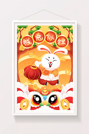中国风卡通兔年钱兔似锦春节插画图片