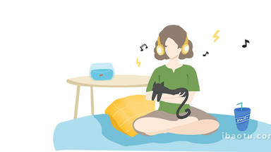 易用卡通mg动画小女孩听歌小猫