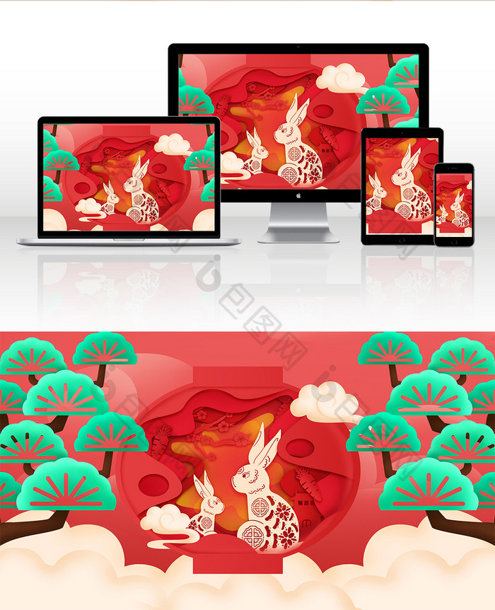 中国风红色喜庆简直风兔年新春春节插画