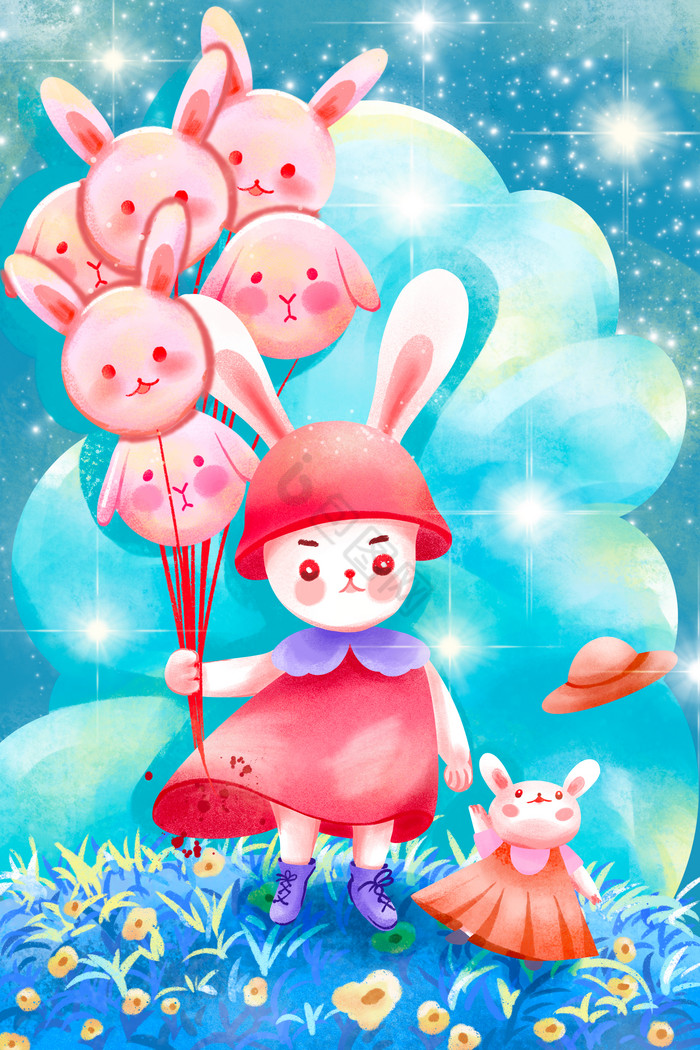 粉系梦幻兔子与气球图片