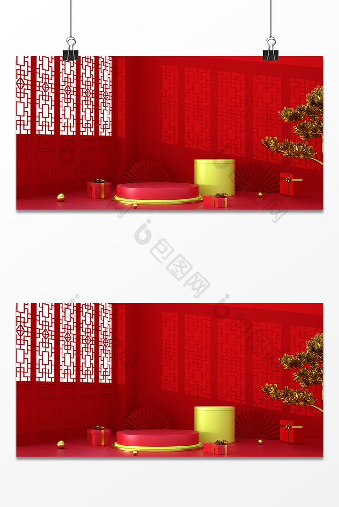 C4D创意红色中式国潮电商展台图片图片