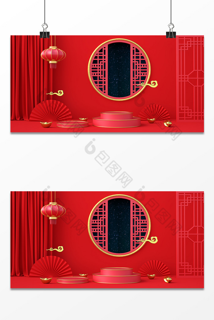 C4D创意中式国潮红色电商展台图片图片