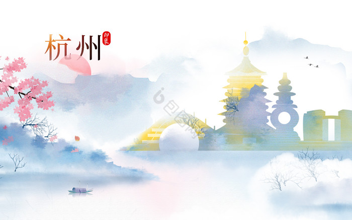 水墨风杭州城市地标背景墙图片