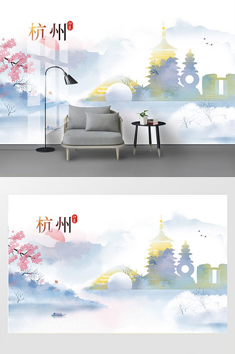 水墨风杭州城市地标背景墙图片