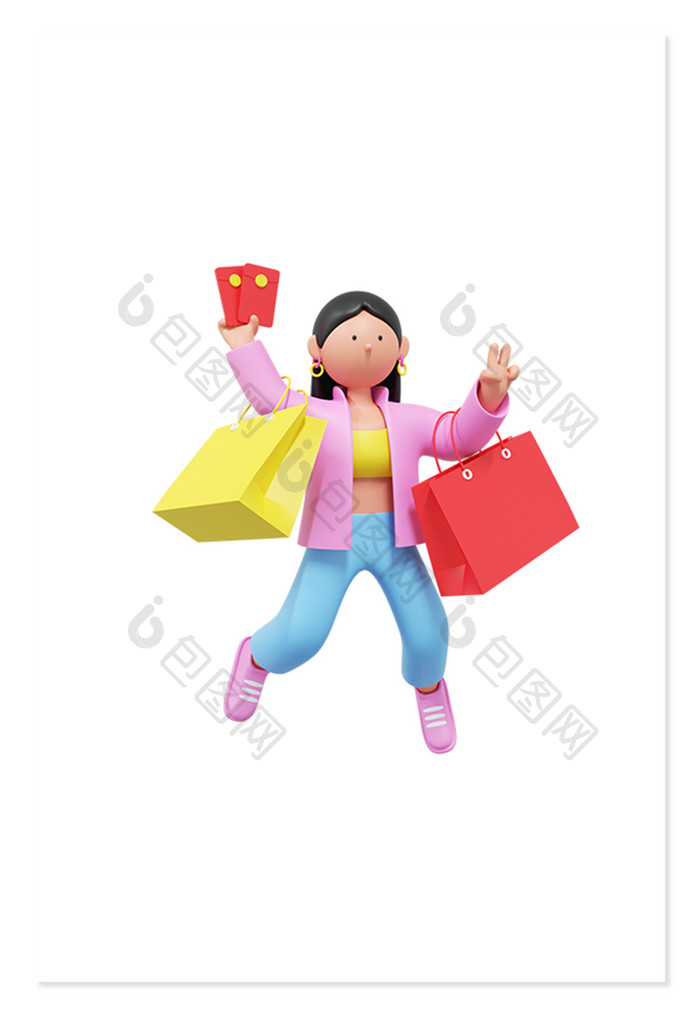 3D购物人物女士红包购物袋