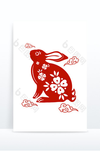 传统剪纸风兔年兔子元素图片