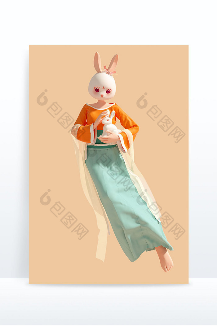 新年3D兔子手抱玉兔国潮风形象