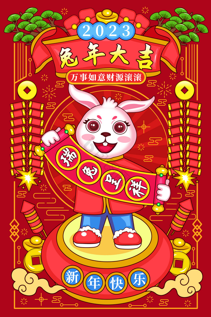 瑞兔呈祥兔年大吉插画图片