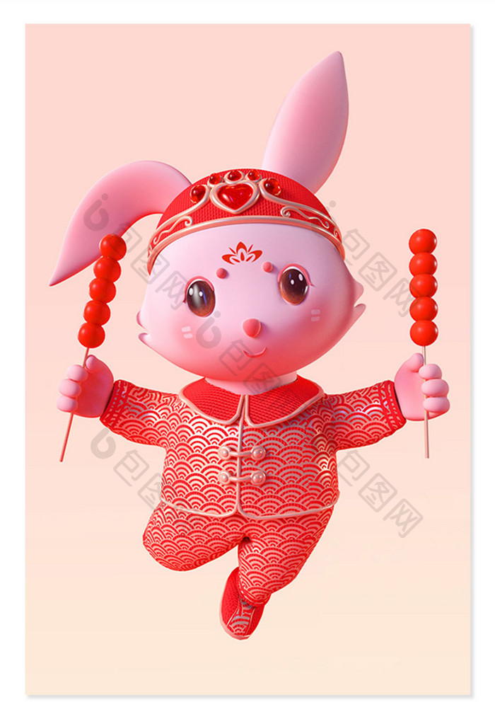 新年中国风3D兔子手拿糖葫芦