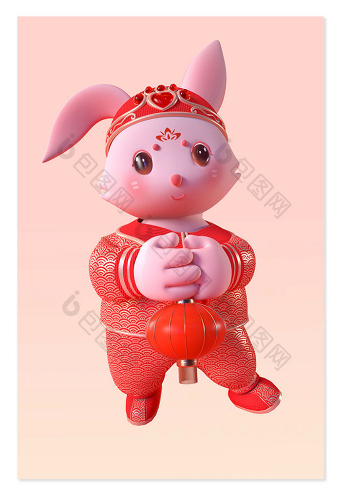 新年3D中国风喜庆兔子手拿灯笼