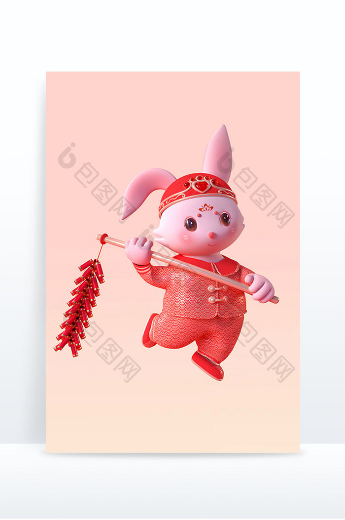 新年3D中国风兔子手拿鞭炮