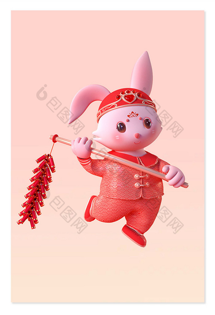 新年3D中国风兔子手拿鞭炮
