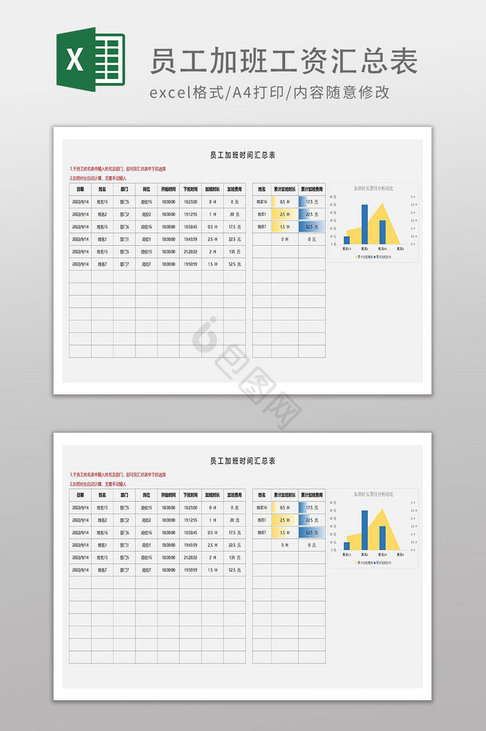 通用自动化加班工资汇总表