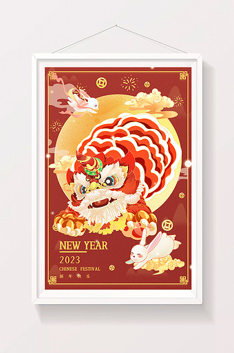喜庆中国风国潮2023新年春节舞狮插画图片