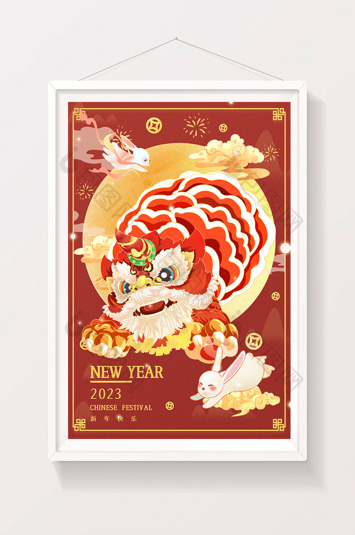 喜庆中国风国潮2023新年春节舞狮插画