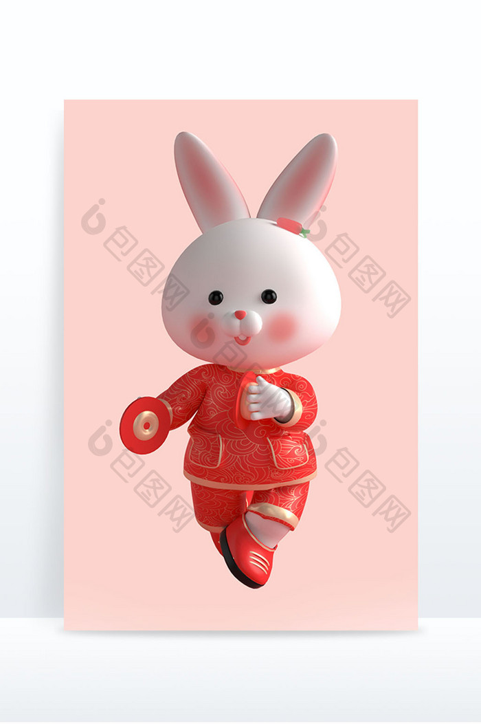 新年喜庆3D卡通兔子手拿铜锣