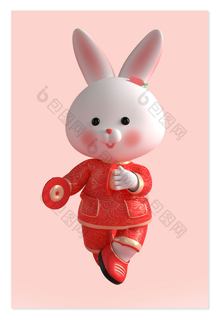 新年喜庆3D卡通兔子手拿铜锣