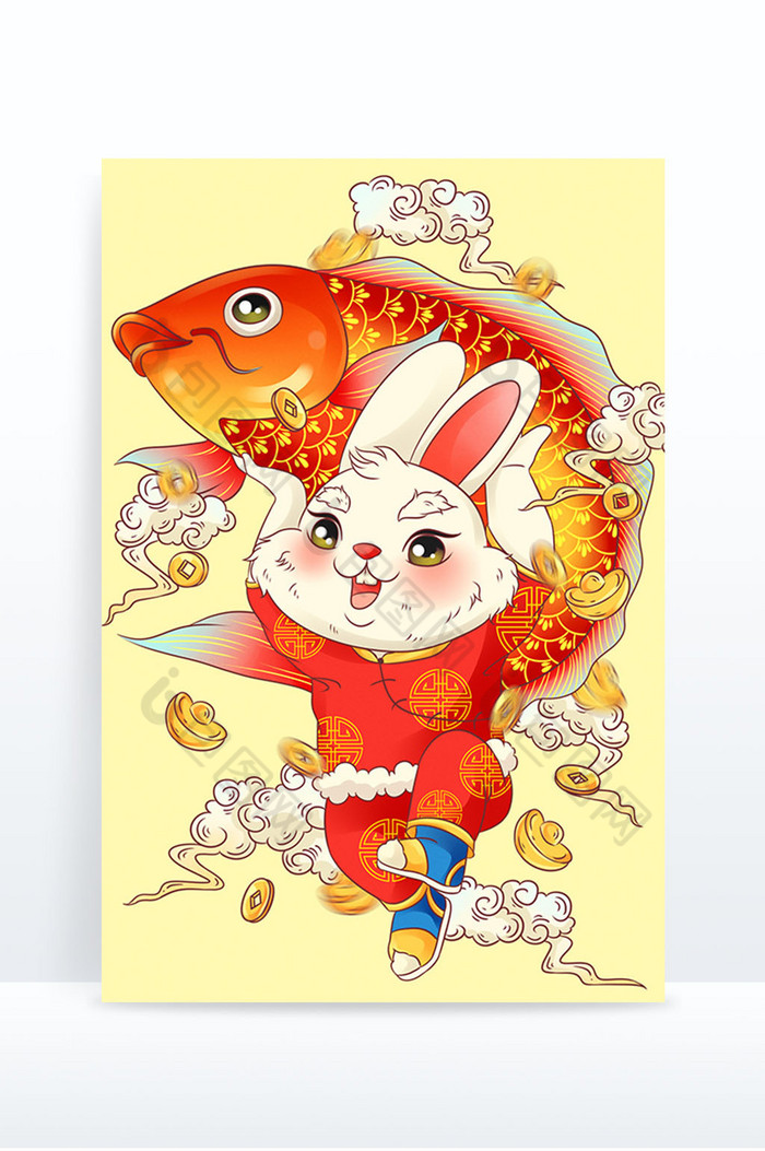 新年兔子锦鲤福娃兔祥云元宝铜钱图片图片