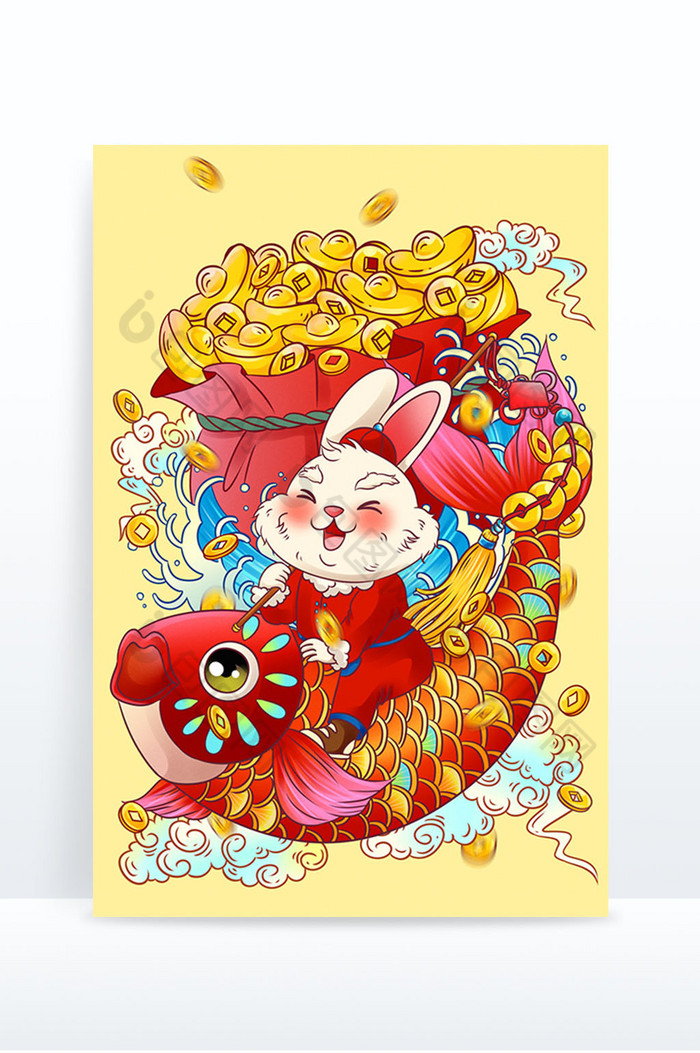新年兔子锦鲤福娃兔福袋元宝铜钱图片图片