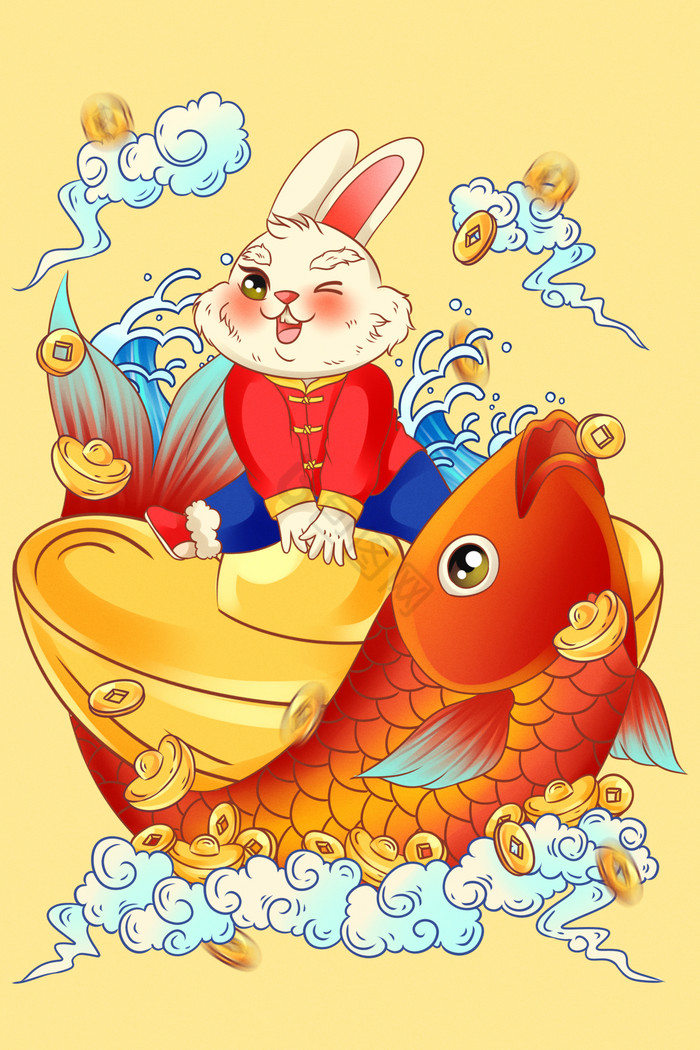 新年兔子锦鲤福娃兔云纹元宝铜钱图片