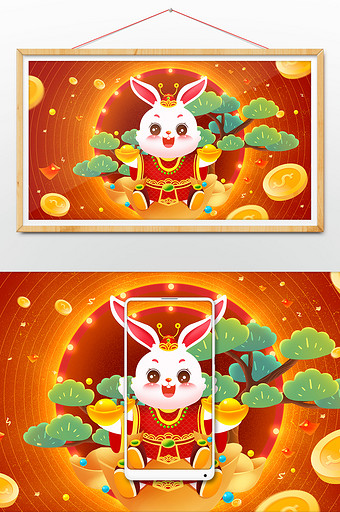 兔年插画新年春节新春喜庆兔子形象元宝红包图片