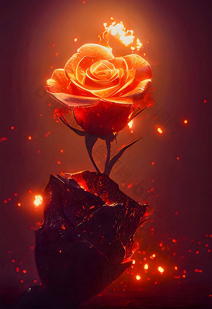 红色燃烧的火焰玫瑰数字艺术插画