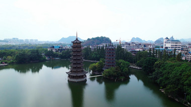 城市旅游桂林地标日月双塔航拍